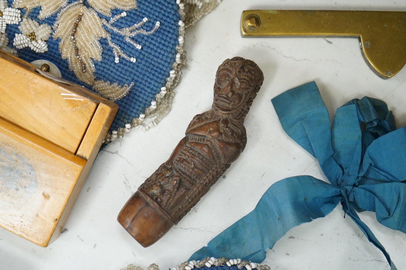 A collection of Victorian and later sundry items to include beadwork purse, watch holder, a kris handle and other treen